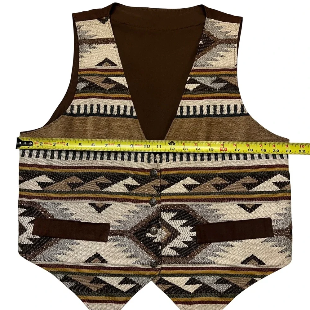 Southwestern Aztec Geometric Pattern Tapestry Vest Brown Button Front Size‎ XL